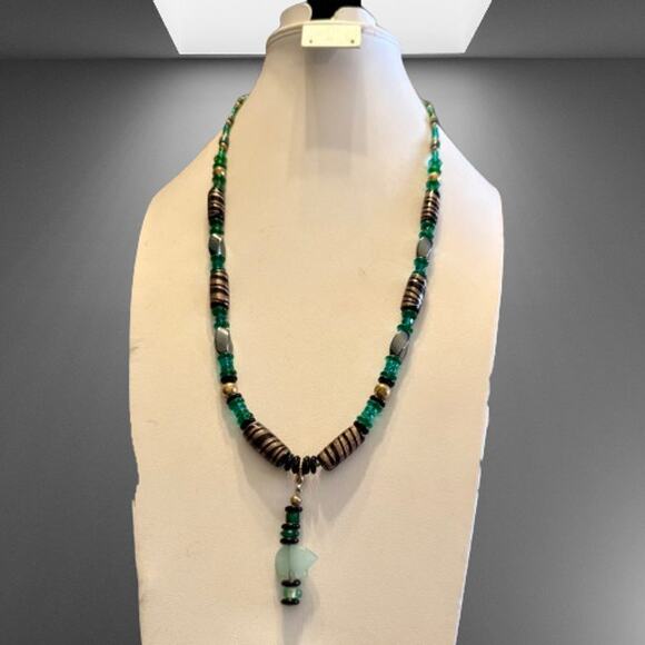Boho Ethnic Hematite Jade Glass Beaded Pendant Necklace - Picture 6 of 8
